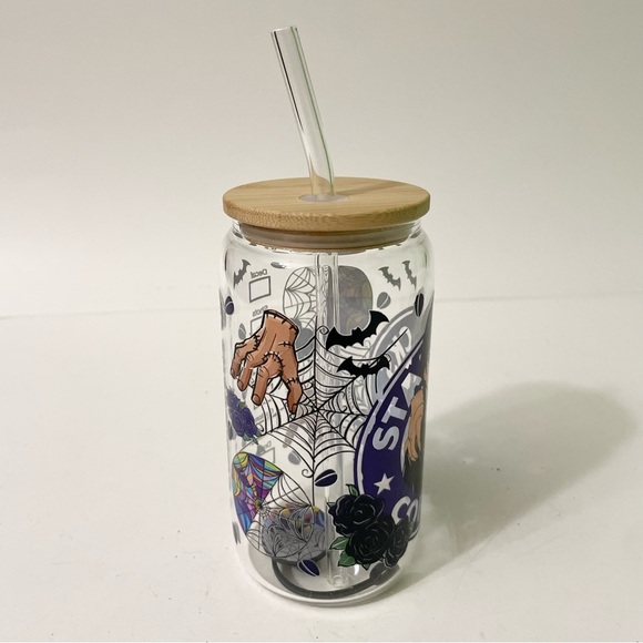 Custom Wednesday Addams Clear Glass Tumbler with Lid and Straw - Picture 5 of 15
